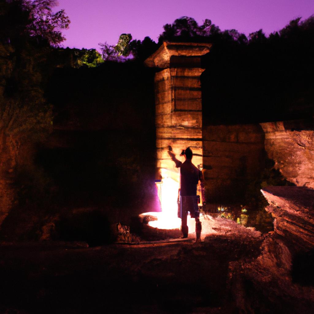 Person exploring ancient ruins, torch