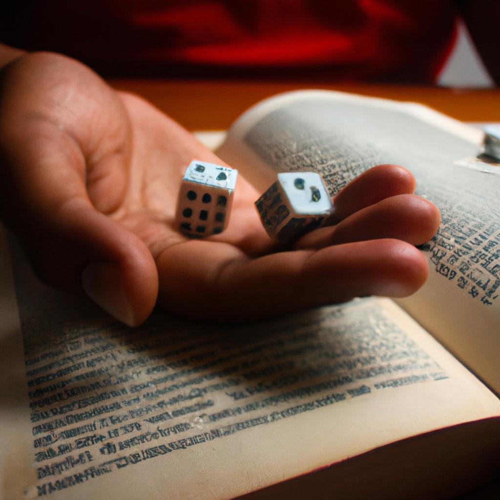 Person holding dice, reading book
